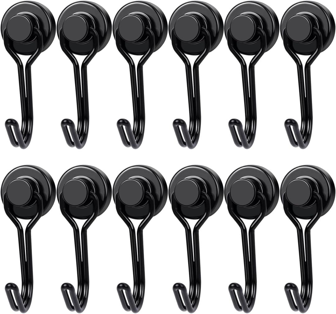 E BAVITE Swivel Swing Magnetic Hooks, 30LB12pack Refrigerator Magnet Hook,Strong Neodymium Magnets, Perfect for Refrigerator and Other Surfaces,60mm(2.36in) in Length (Black)