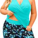 Daci Plus Size Tankini Swimsuit for Women - Two Piece Tummy Control Bathing Suit Tankini Top with Two Pockets Shorts (Aqua and Blue Floral), Size: XL