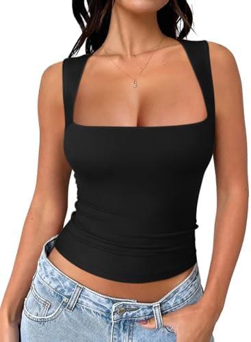 REORIA Butsmooth® Women's Square Neck Going Out Crop Tops Double Lined Cute Basic Tank Tops 2025 Clothes (Black, XL)