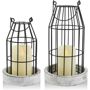 Farmhouse Lanterns - Set of 2 Rustic Home Decor with Flameless Candles, Wire Metal Cloche Decorative Candle Holders for Living Room, Fireplace Mantel, Dining Table (White)