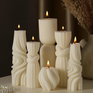 6 Pcs Pillar Candles Decorative Modern Aesthetic Ribbed Candle Set Cute Soy Wax Scented Ribbed Decor Valentine's Commemorative Gift for Home Decoration(White,2.36-6.89 Inch)