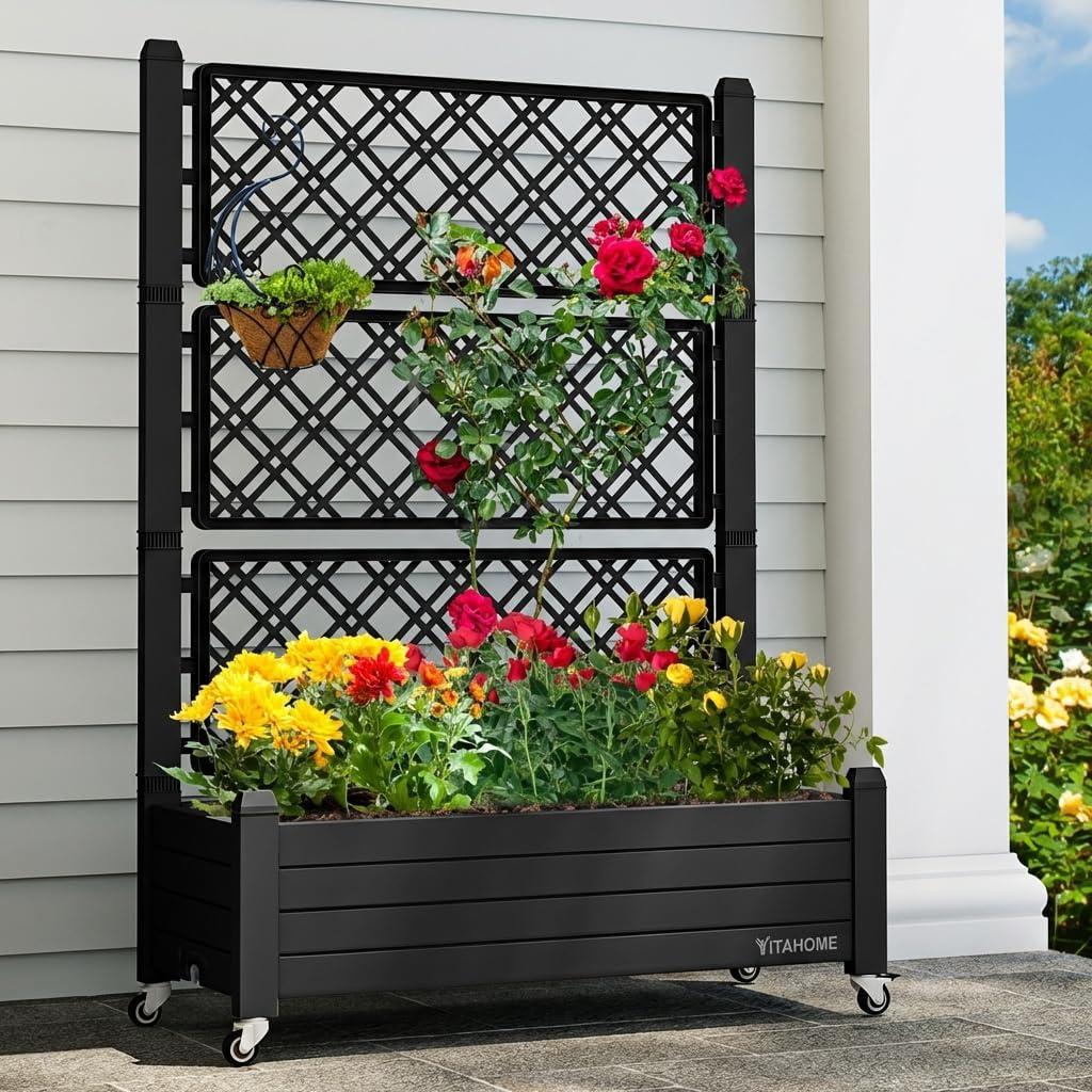 YITAHOME 43.3x17.7x61 in Planter Trellis Box with Wheels & Drain Plug, Outdoor Resin Raised Garden Bed for Climbing Plants, Large Weather-Resistant Design, Black, 3.6x1.5x5ft