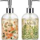 Topadorn Set of 2 17 Oz Glass Soap Dispenser, Soap Dispenser Kitchen Bathroom for Dish Soap, Hand soap, Flowers and Leaves (Pink and Green)