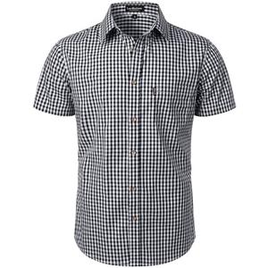 LucMatton Men's Gingham Short Sleeve Button Down Shirt Cotton Regular Fit Plaid Dress Shirts with Pocket XL