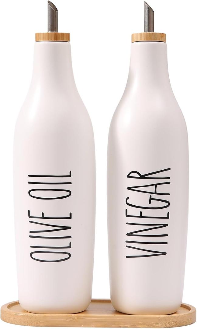 HOMCDALY Olive Oil and Vinegar Dispenser Set, 16oz Ceramic Oil Dispenser for Kitchen, Kitchen Dispenser Bottle for EVOO Vinegar Syrups, Modern Farmhouse Design | Set of 2 P-White