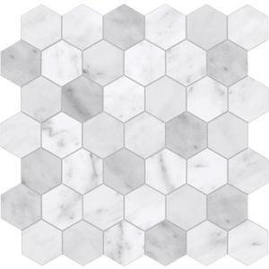 The Tiles Plaza Backsplash Tile for Kitchen Peel and Stick White Hexagon Marble Self Adhesive Wall Tile Stone Composite Stick On Decorative Mosaic Tile for Bathroom, Fireplace, 10 Sheets, 9 Sq Ft.