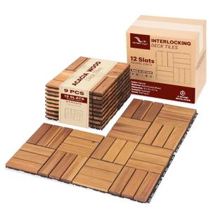 Acacia Interlocking Deck Tiles, 9 PCS Wood Flooring, 12 Slats, Honey Oak