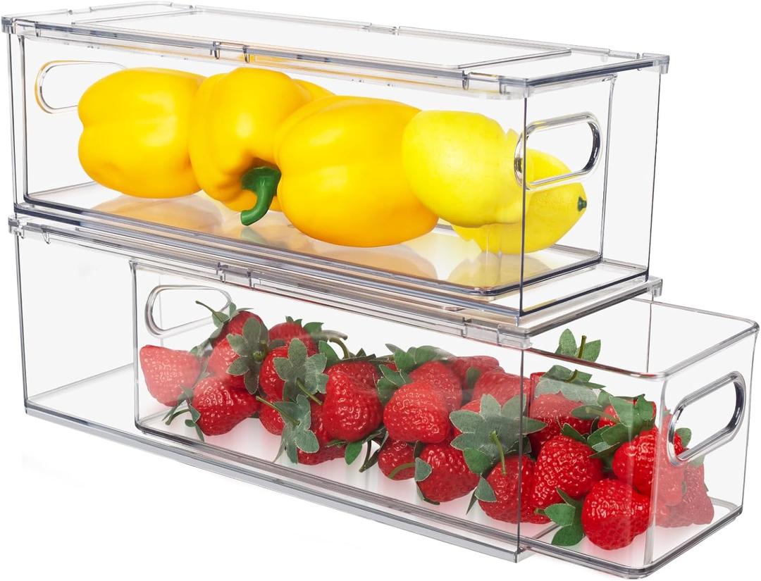 Abiudeng 2 Pack Stackable Refrigerator Organizer Bins with Pull-out Drawer, Drawable Clear Fridge Drawer Organizer with Handle, Plastic Kitchen Pantry Storage Containers