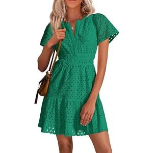PRETTYGARDEN Womens 2026 Summer Short Dress V Neck Short Sleeve A Line Hollow Out Lace Ruffle Cute Casual Beach Party Dresses