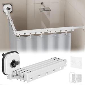Adjustable Curved Shower Rods for Bathroom, Corner Curtain Rod No Drill, Space Saver, Suitable for RV, Clothing Store Fitting Room (White,4-Foldable,54In, Suction Cup Style)
