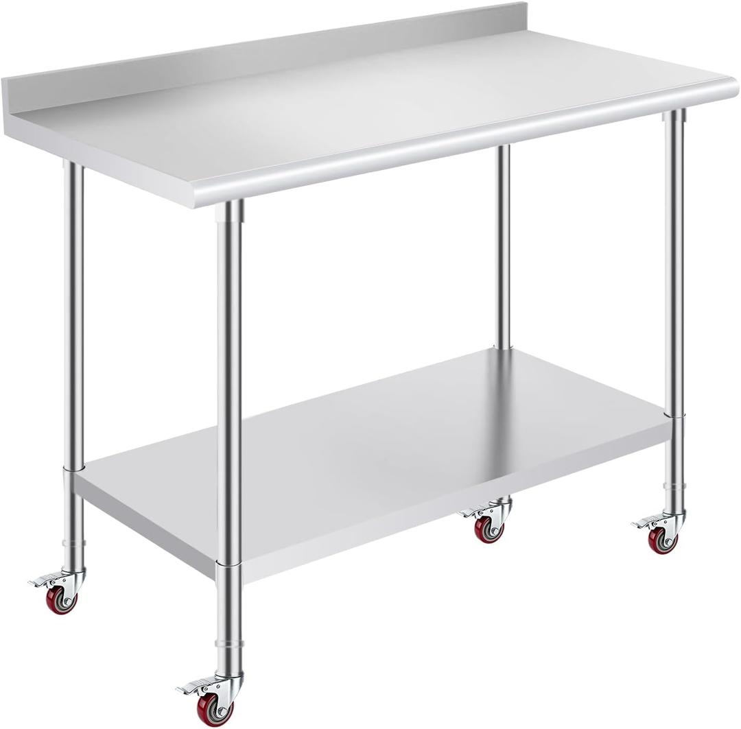 OSTBA Stainless Steel Prep Table 24 x 48 Inches with Backsplash and Casters | NSF certified work table with backsplash, wheels and adjustable undershelf for kitchen, garage, restaurant and hotel