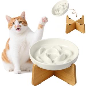 Elevated Slow Feeder Cat Bowl - Ceramic Cat Food Dish with Anti-Slip Bamboo Stand - Whisker Friendly Feeding Bowl - Raised Maze Plate for Slow Down Eating - Ivory White