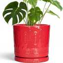 10 Inch Plant Pot, Ceramic Pots for Plants for Indoor Outdoor Plants, Round Planter with Drainage Hole and Tray, Boho Decorative Flower Pots, Front Porch Decor, Gifts for Plant Lovers, Red