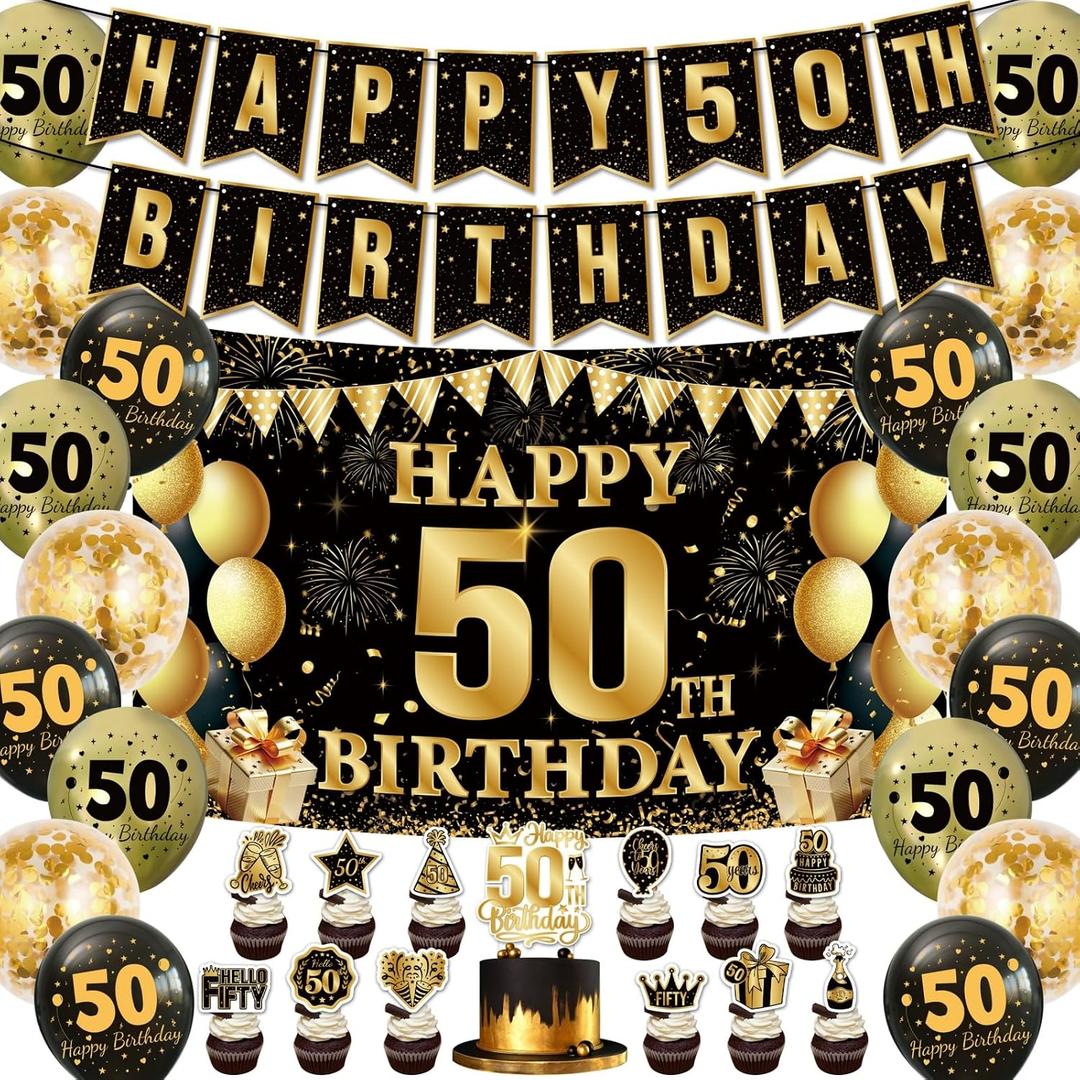 47PCS 50th Birthday Decorations for Men Women, Happy Birthday Banner With Balloons,Backdrop,Cake Toppers,Cupcake Toppers.Black Gold 50th Birthday Party Decorations for Men Women.