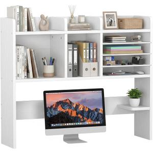 NUTIKAS Desktop Bookshelf for Computer Desk - 36" Desk Hutch Organizer with 4-Tier Paper Tray, Tabletop Storage Rack for College Dorm Room Essentials, Home Office Shelving, White