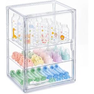 Clear Acrylic Baby Bottle Storage Organizer for Countertop Cabinet, 3 Tiers Adjustable Bottle Storage Station with 2 Removable Dividers & Magnetic Dustproof Door Baby Bottle Drying Rack Large