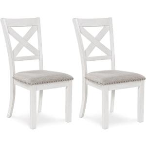 Signature Design by Ashley Robbinsdale Casual Upholstered Solid Wood Dining Chair with Nailhead Trim, Set of 2, White & Light Gray