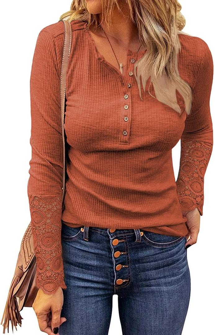 Miselon Womens Long Sleeve Henley Shirts V Neck Lace Button Tops Ribbed Knit Casual Slim Fit Blouse (S)