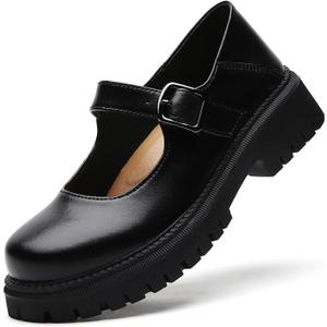 XMM Mary Jane Shoes Platform Chunky Mary Janes for Women Ladies Comfort Leather Round Toe Non-Slip Dressy Casual Cute Girls School Work Shoes (9, Black)