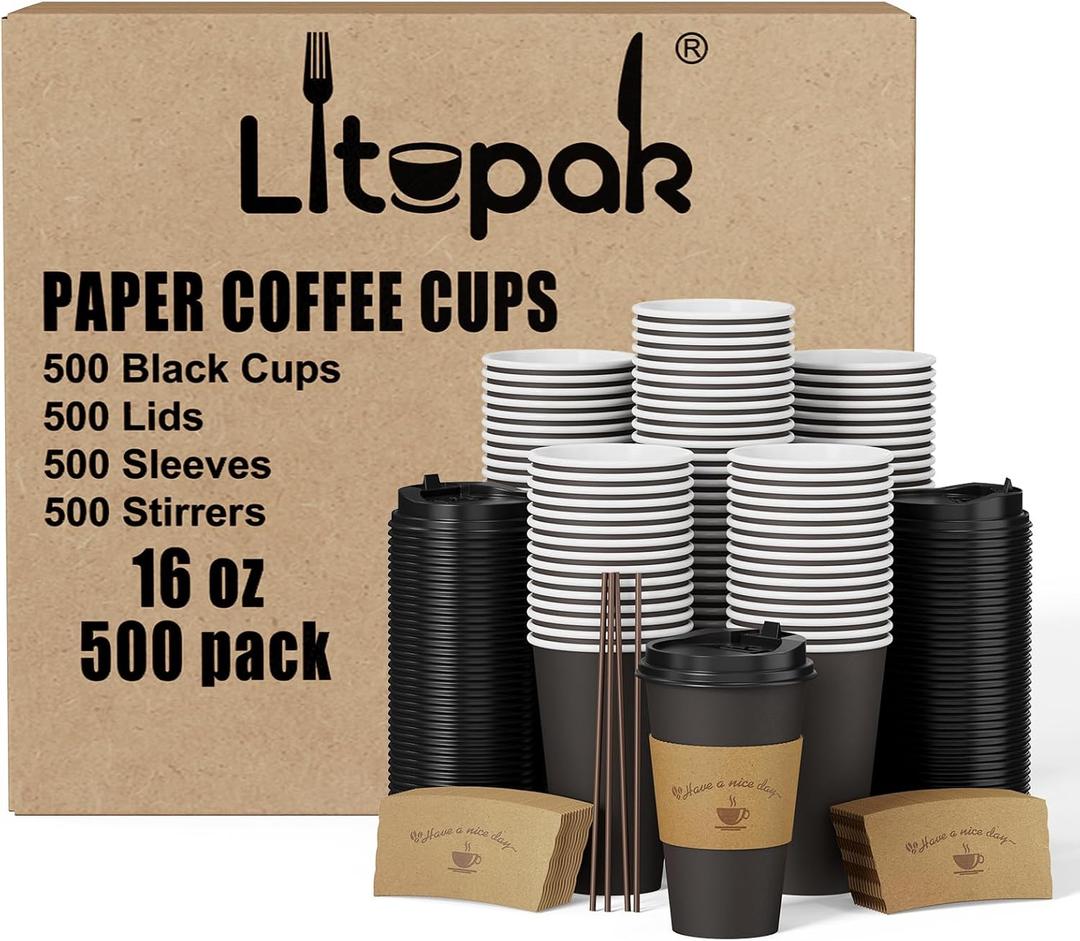 LITOPAK 500 Pack 16 oz Disposable Coffee Cup with Lids, Sleeves, and Stirring Sticks, Black Hot Paper Coffee Cups for Home, Travel, Office, Party
