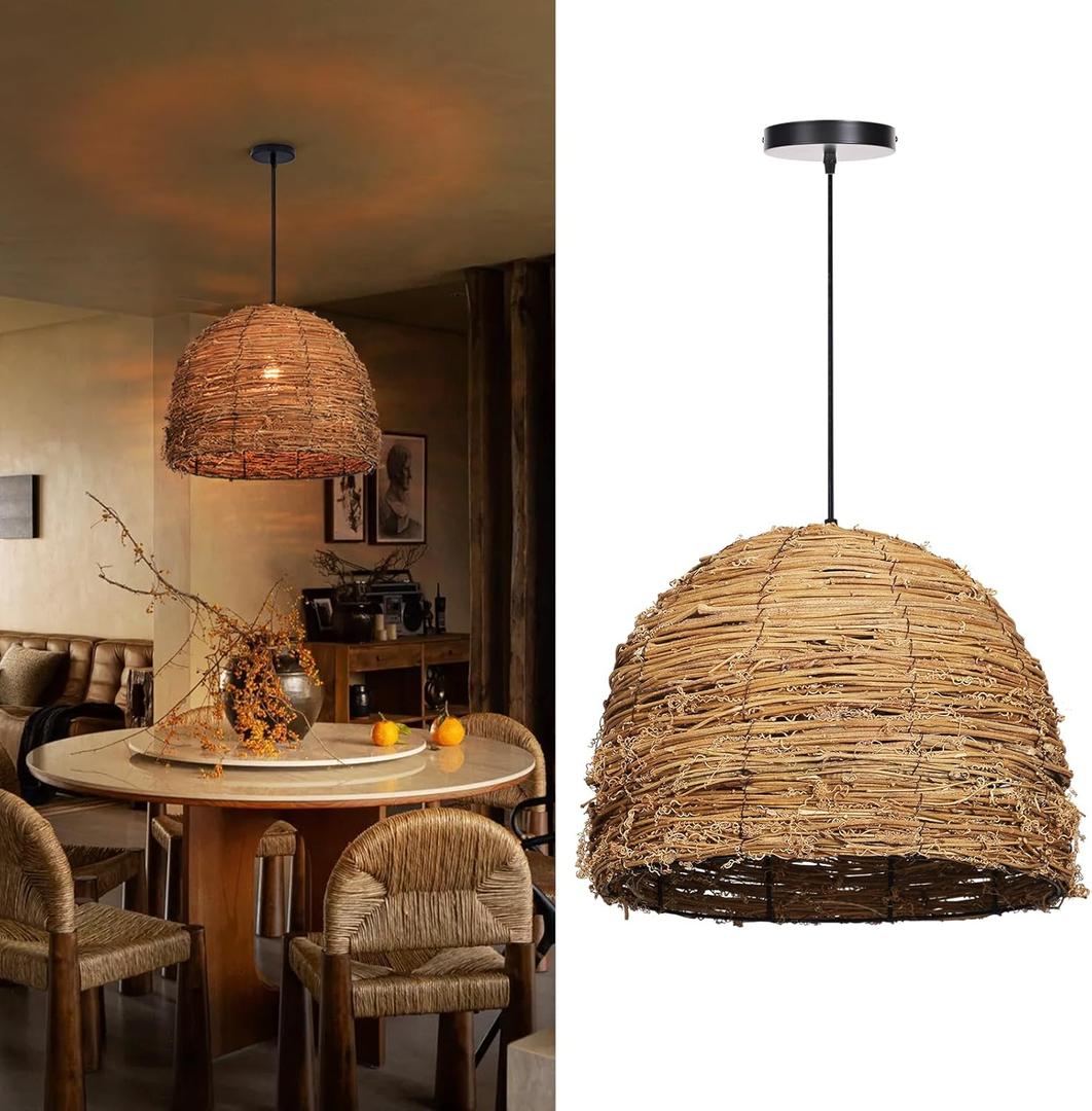 Arturesthome 1 Light Coastal Boho Chandeliers for Dining Room Woven Pendant Light Fixture Wicker Pendant Lamp for Living Room Entryway Hallway Bedroom 15.7"*11.8" (Rattan)