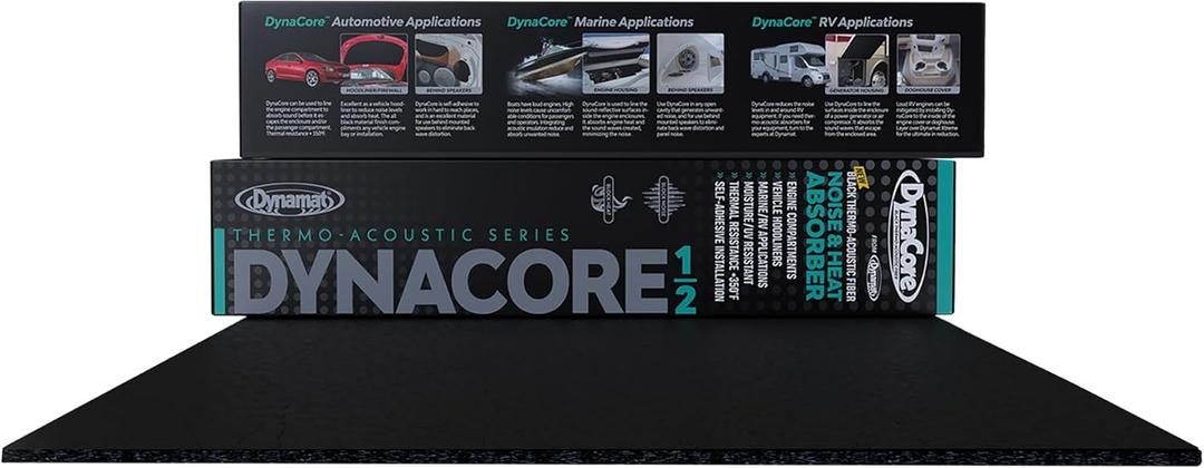 Dynamat DynaCore ½” Thick Lightweight Black Thermo-Acoustic Insulating Fiber for Cars, Trucks, Boats, RVs & More – Dissipates Sound & Absorbs Heat – Made in USA – 32" x 54" Sheet, 12 sq ft Coverage