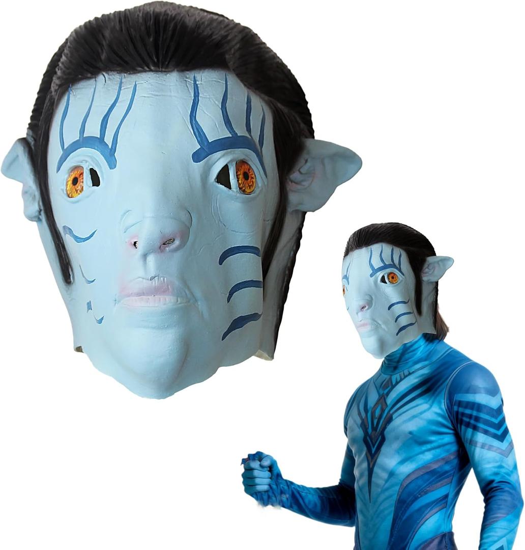 Carnavalife Blue Alien Avatar Latex Mask Jake with Braids and Ears, Sci-Fi Costume for Sully Adults, Halloween & Cosplay