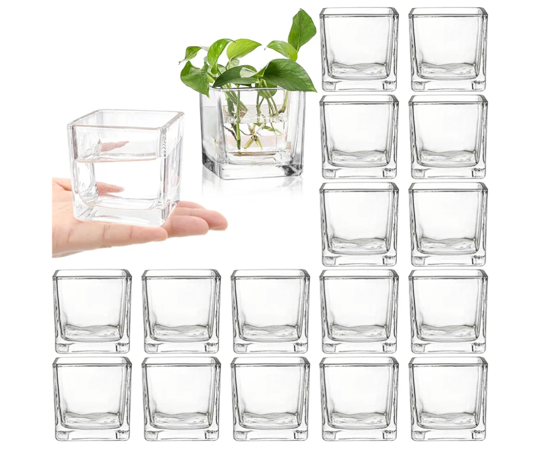 ZEAYEA Set of 18 Small Square Glass Vase, 2.4" x 2.4" Clear Cube Vase for Wedding Centerpieces Home Party Decoration, Square Glass Votive Candle Holder