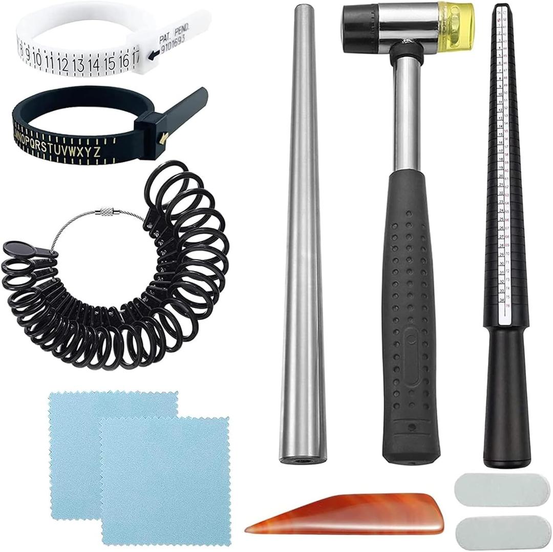 YUEARN 11Pcs Ring Sizer Measuring Tool, Premium Ring Making Kit with Ring Mandrel Circle Models Metal Stick Rubber Jewelers Hammer and Polishing Tools for Jewelry Making Crafts