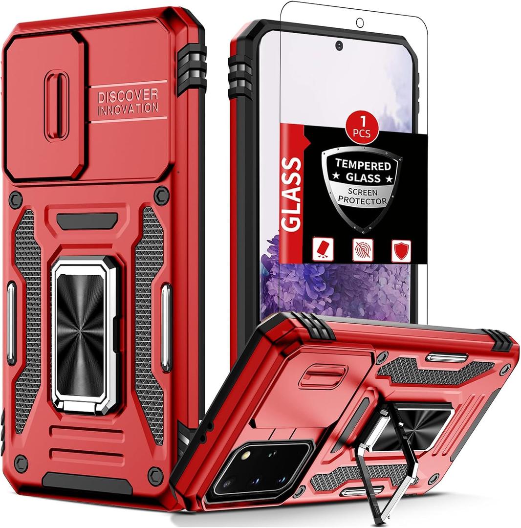 for Samsung Galaxy S20 Case with Screen Protector,Built-in Slide Camera Cover+360Kickstand Ring for S23+Plus Case Shockproof Anti-Scratch Military-Grade Drop Heavy Duty Protection Red