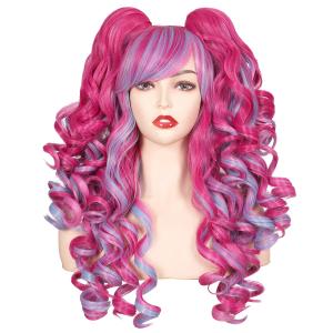 ColorGround Long Curly Cosplay Wig with 2 Ponytails (Hot Pink/Pink/Blue)