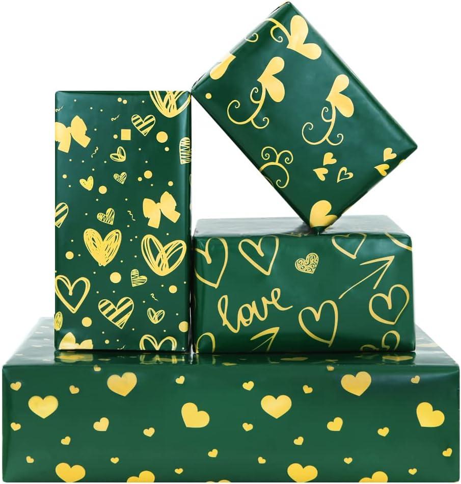 Love Heart Wrapping Paper,4 Folded Sheets Green with Gold Gift Wrapping Paper Love Pattern Craft Paper with Glod Ribbon for Wedding Valentine's Day Women Man Girl Boy Gift Wrap Supplies,28x20 inches