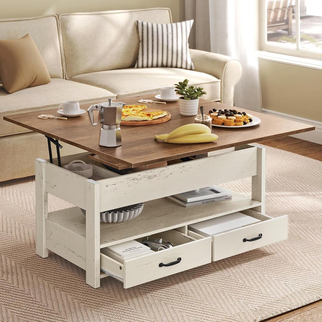 VASAGLE Coffee Table Lift Top, 3 in 1 Center Table with Storage, Gas Spring, 2 Drawers and 3 Hidden Compartments, Open Shelf, for Living Room, Home Office, Honey Brown and Rustic White ULCT254W01