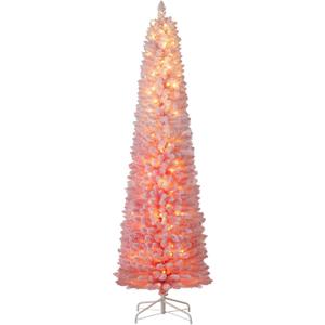 Goplus 7ft Pink Slim Pencil Christmas Tree, Pre-lit Snow Flocked Artificial Skinny Xmas Tree with 180 Warm White LED Lights, 8 Lighting Modes, 527 Branch Tips & Metal Stand, Home Office Decoration