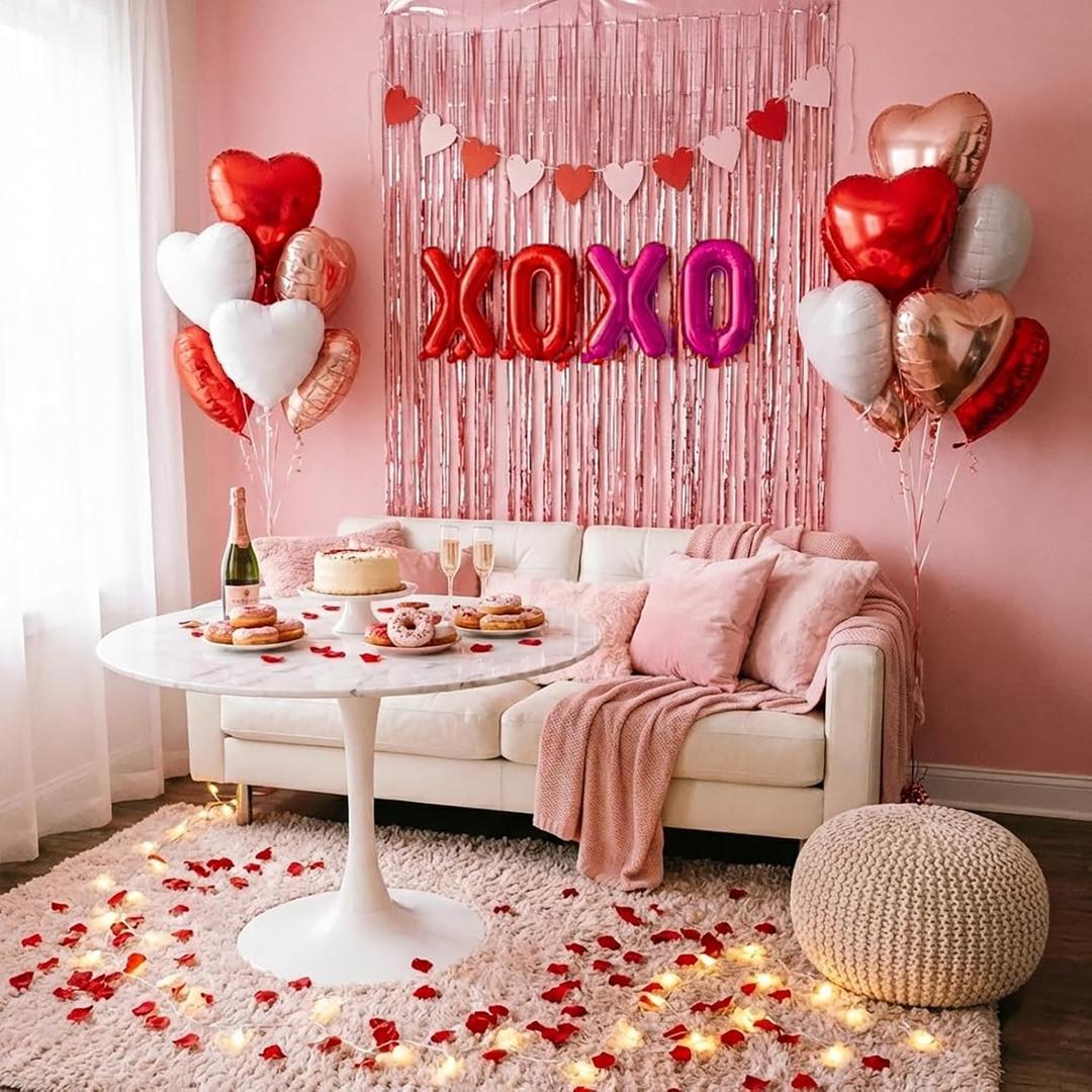Valentine's Day Decorations Set - Red & Pink Heart Foil Balloons, XOXO Letter Balloons, Rose Gold Fringe Curtains, Heart Garland & 300 Rose Petals for Anniversary Proposal Wedding Special Night Party