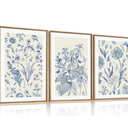 Classic Chinoiserie Framed Canvas Wall Art Set, Blue Watercolor Flower Wall Decor, Blue and White Plant Wall Painting, Minimalist Floral Art Print for Living Room, Bedroom, Office - 16"×24"×3