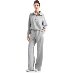 SUUKSESS Women 2 Piece Lounge Matching Set Wide Leg Sweatpant Half Zip Sweatshirt (X-Small, Grey Heather)