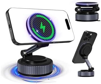 Magnetic Phone Charging Holder for Car - Upgraded 360° Vacuum Magnetic Phone Holder, Foldable Retractable Suction Cup Car Phone Mount for Magsafe for Your Car/Gym/Mirror Mount for iPhone & Android