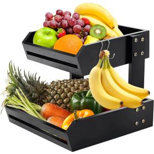 Bamboo 2 Tier Fruit Basket Stand for Kitchen Counter, Tiered Wooden Large Countertop Vegetable Fruit Holder with Banana Hook, Black