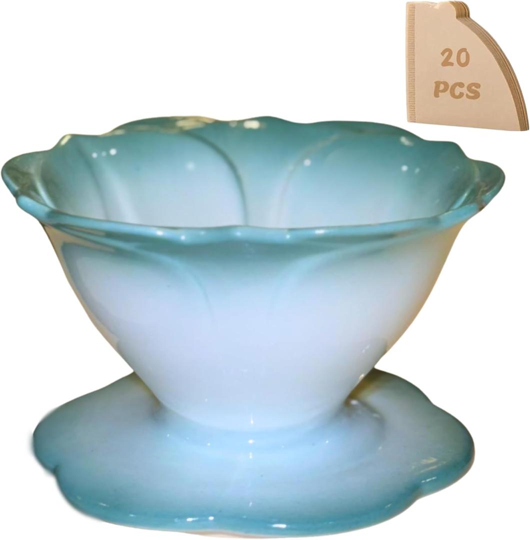 Flower Shape - Ceramic Coffee Dripper, Pour Over Coffee Maker, Resumable Coffee Slow Brewing Accessories for Home Travel (With 20 Coffee filters V60-01 inside) (Sky)
