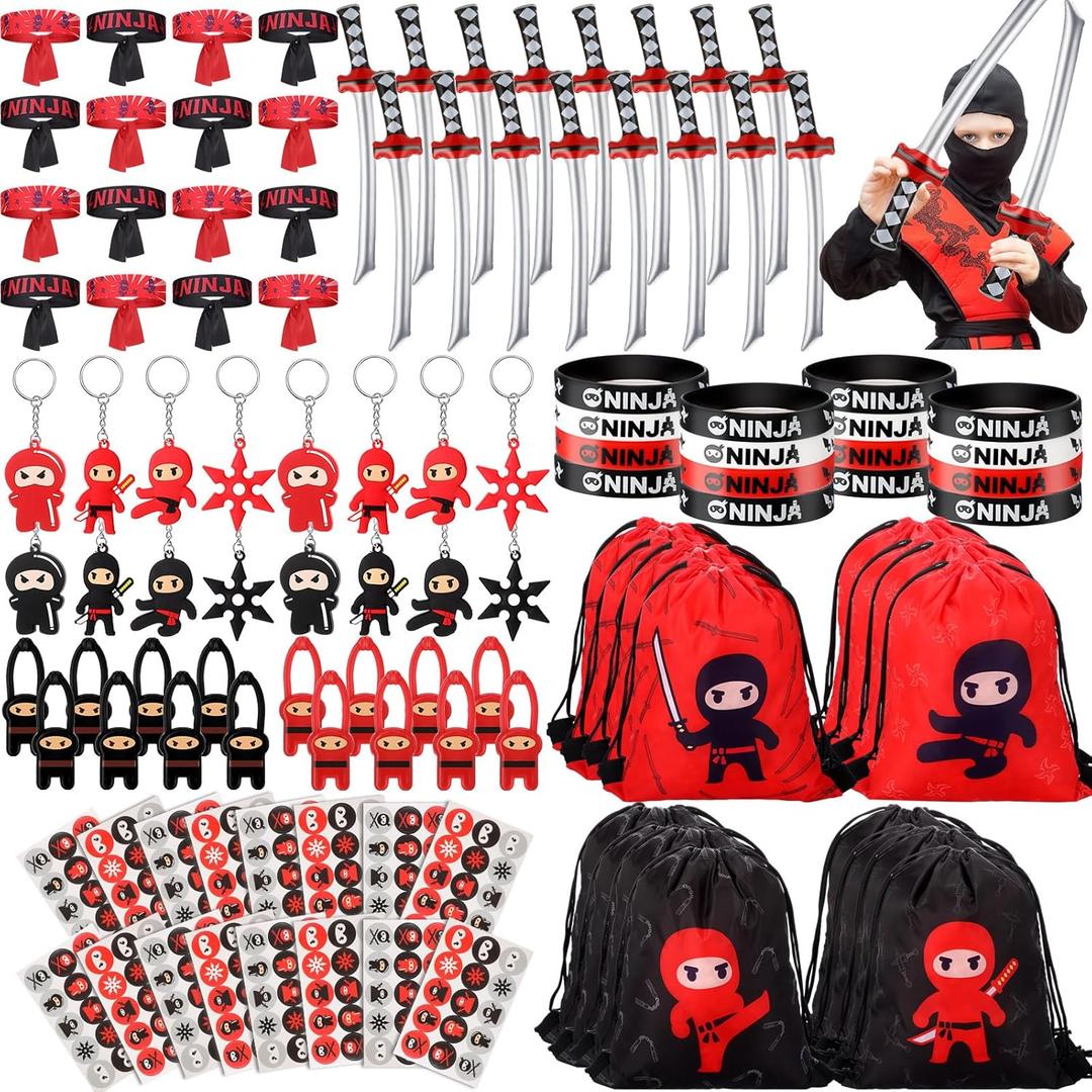 Tondiamo 112 Pcs Ninja Pirate Party Favors with Drawstring Backpack Headband Inflatable Sword Bracelet Sticker Keychain Stretch Ninja or Pirate Eye Mask For Karate Birthday (Ninja Style)