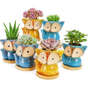 Dicunoy 6 Pack Mini Animal Succulent Planters with Bamboo Tray, 4" Ceramic Fox Flower Pots with Drainage Hole, Cute Cactus Planter for Indoor Plants, Home, Office, Window Decoration
