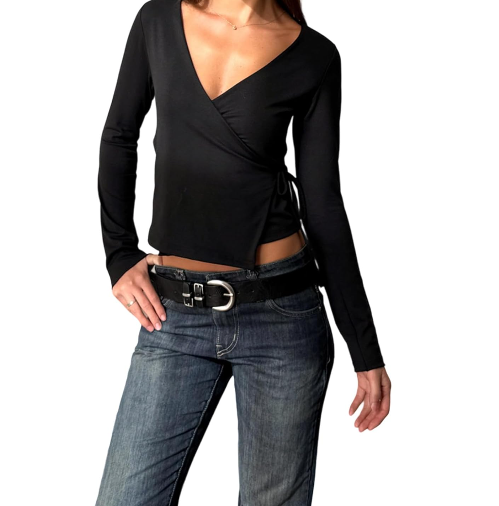 Women Casual V Neck Tie Up Shirt Long Sleeves Cross Blouse Tops Fall Solid Cropped Tee Tops Concise Streetwear, M