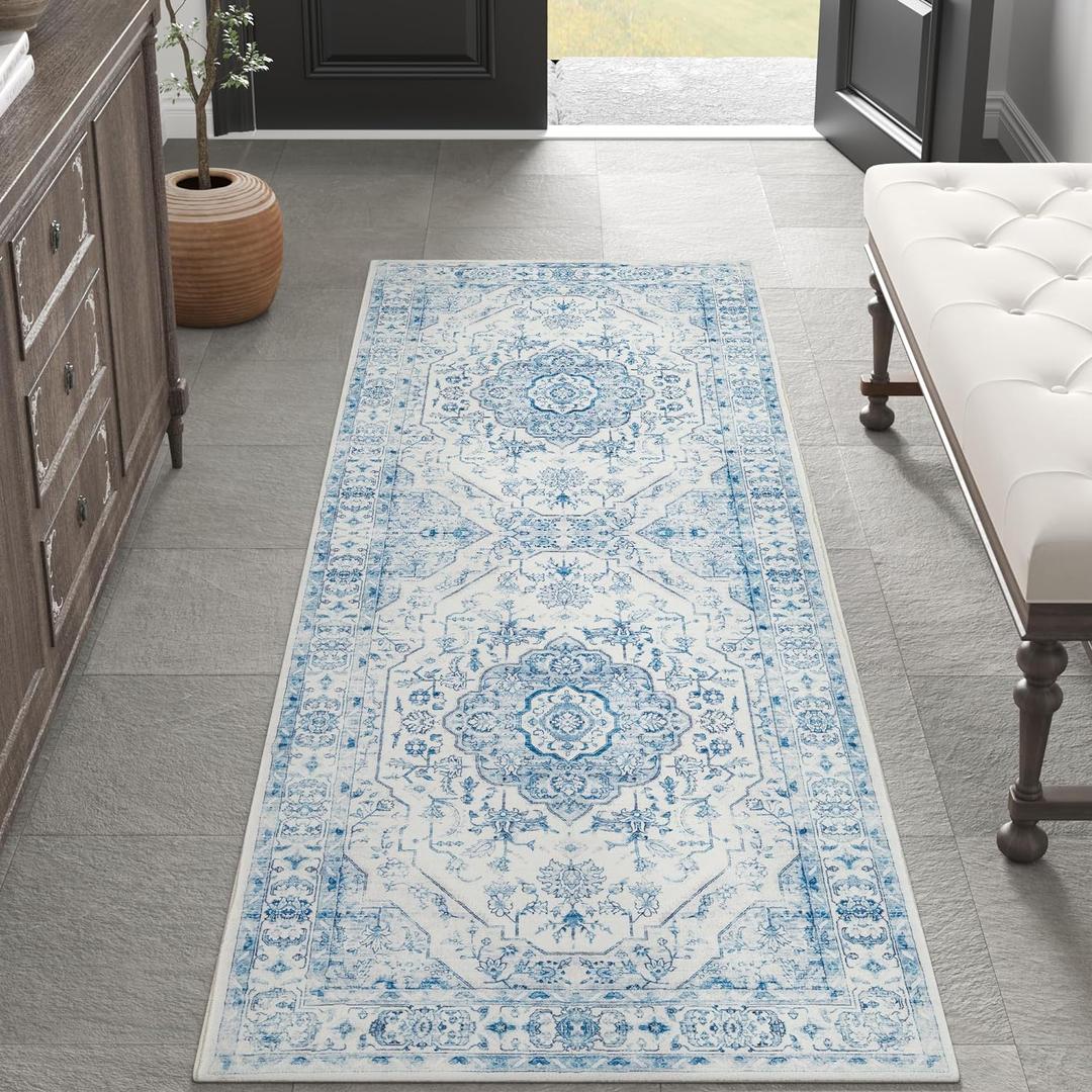 jinchan Runner Rug 2x6 Hallway Rug Washable Medallion Floral Mat Kitchen Accent Vintage Mat Retro Non Slip Thin Soft Carpet for Bedroom Laundry Living Room Distressed Blue