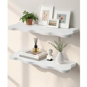 White Floating Shelves for Wall Mounted Shelf for Living Room Bedroom Bathroom Office 24 Inch Decorative Shelving Modern Pine Solid Wood Wave Live Edge Set of 2 Home Display Storage Organizer