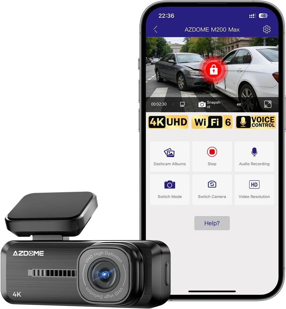 AZDOME 4K Dash Cam Front, Voice Control Dash Camera for Cars, WiFi 6 Mini Dashcam with APP Live Chat Support, Car Camera, Loop Recording, G-Sensor, 24H Parking Mode, Support 256GB Max Easy to Install