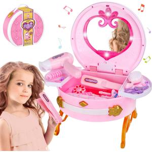 Portable Princess Vanity with Real Mirror, Toddler Makeup Vanity & Styling Tools, Lights and Sounds, Girls Toys Gifts for 3-12 Year Old Kids Birthday Gift