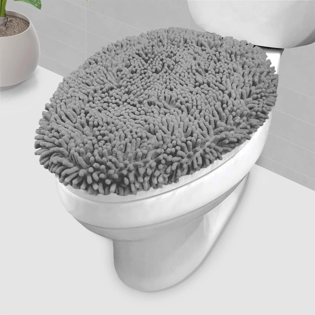 LuxUrux Toilet Lid Cover with Stretch Fit Elastic Band  Chenille Microfiber Toilet Seat Non-Slip Cover for Bathroom  Soft Plush, Machine Wash And Dry, Comfort & Clean Look (18 x 21'', Light Gray)