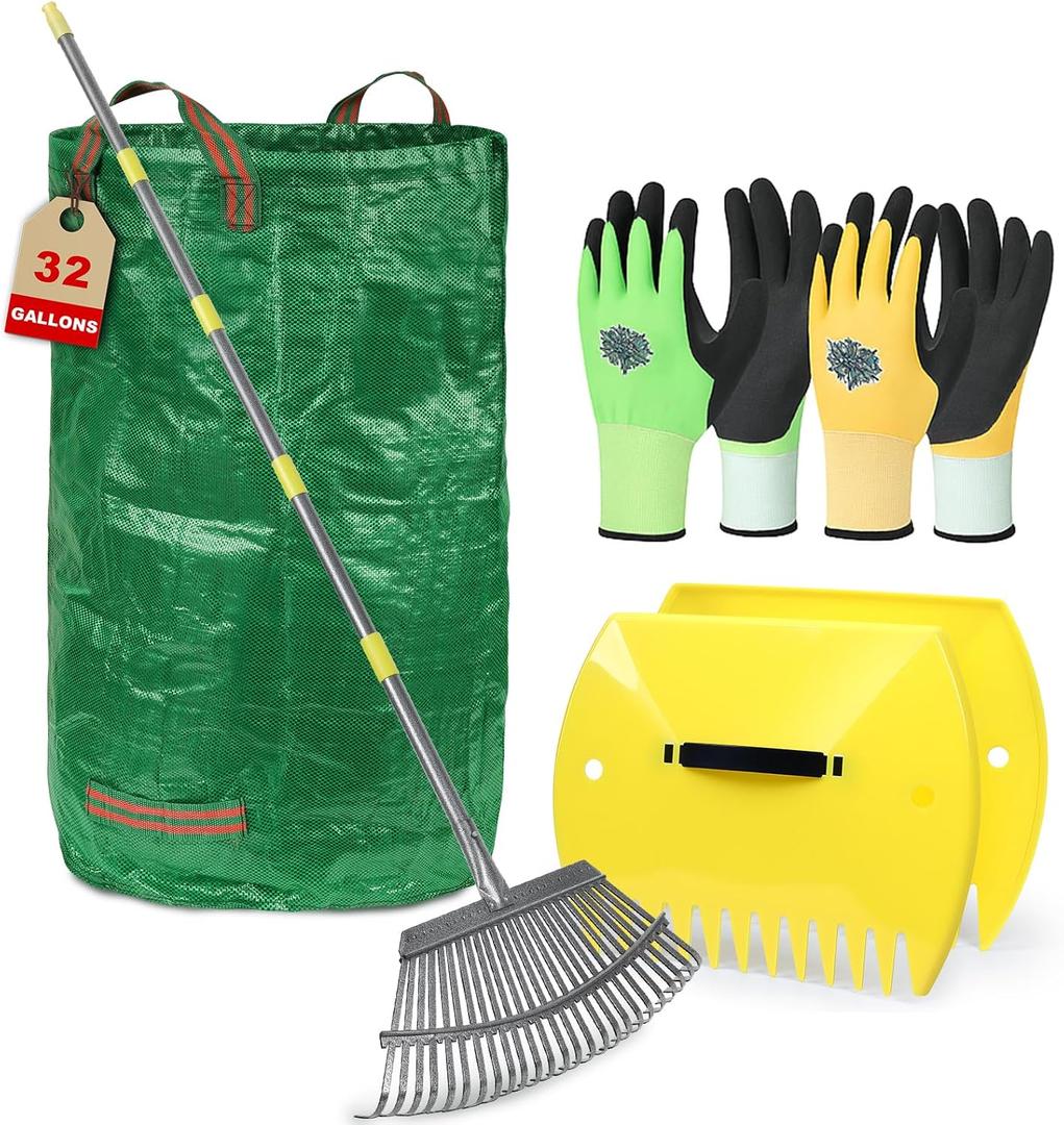 Adjustable Garden Rake for Leaves 36 to 73 Inch 25 Tines with Leaf Scoops, 32 Gallon Self Standing Yard Waste Bag Hoop, 2 Pairs Latex Coated Gloves