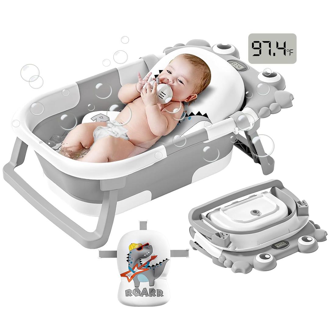 Collapsible Baby Bathtub for Newborns to Toddler with Real-time Temp Monitor & Floating Cushion,Portable Travel Tub for 0-36 Month, Foldable Baby Bath Tub for Infants Boy (Grey) (Gray)